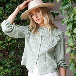 LUMIERE Sage Green Button Down Blouse Ruffle Detail Long Sleeve Top